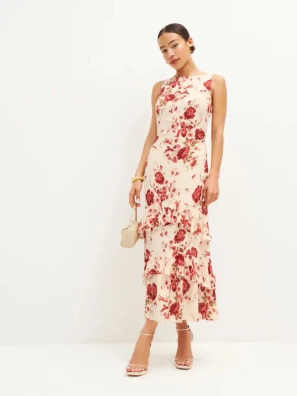 NWT Reformation Magnus Dress in La Belle Red White Floral Midi Sleeveless Size 0